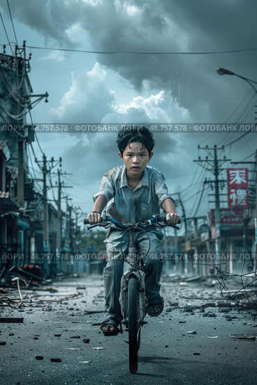A young boy rides a bicycle down a street littered with debris in a city ravaged by a disaster. The sky is overcast and gloomy, reflecting the somber mood. Стоковое AI-изображение, AI-художник Данила Большаков / Фотобанк Лори