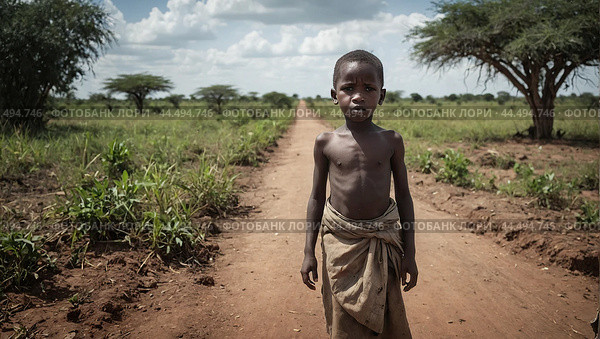 A young boy, standing alone on a dirt path, symbolizes the isolation and hardship faced by many in impoverished rural regions. Стоковое AI-изображение, AI-художник Tatiana Syrtseva / Фотобанк Лори