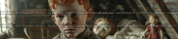 A young boy with red hair sits in a dimly lit attic, his gaze fixed on a doll lying nearby. The room is cluttered with dust and forgotten objects, creating a sense of unease. Стоковое AI-изображение, AI-художник Данила Большаков / Фотобанк Лори