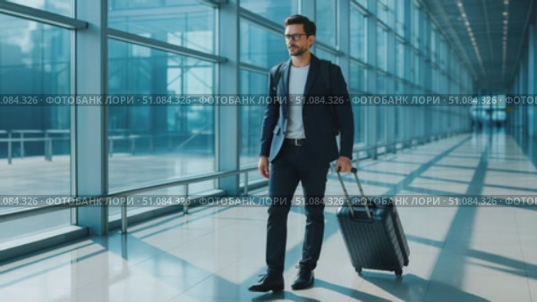 A young Caucasian man in a suit walks through a modern airport terminal, pulling a suitcase. Bright sunlight streams through large glass windows. Стоковое AI-видео, аниматор Nart / Фотобанк Лори