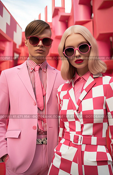 A young couple in designer clothes of light pink color looks at the camera. Unusual hairstyles and glasses. Generated by AI. Стоковое AI-изображение, AI-художник Ярославский Максим / Фотобанк Лори