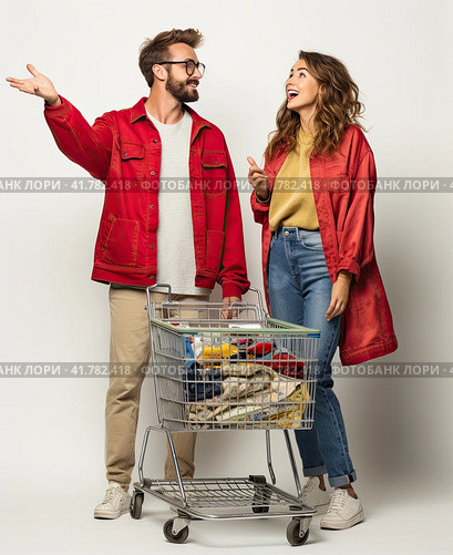 A young couple with a basket full of groceries on a white background. Generated by AI. Стоковое AI-изображение, AI-художник Ярославский Максим / Фотобанк Лори