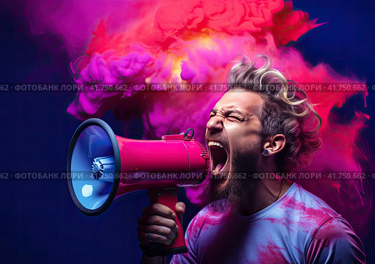 A young enraged man shouts violently into a megaphone. Purple-blue smoke on the background. Generated by AI. Стоковое AI-изображение, AI-художник Ярославский Максим / Фотобанк Лори