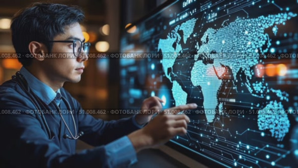 A young expert engaged in data analysis on a high-tech digital screen, focusing on global information in a well-lit office environment. Стоковое AI-видео, аниматор Данила Большаков / Фотобанк Лори