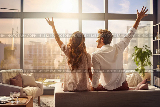 A young family is happy about the purchased apartment with large windows. Стоковое AI-изображение, AI-художник Юрий Поздников / Фотобанк Лори