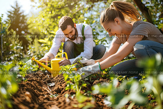 A young family together plants seedlings of vegetables in the garden in early spring. Стоковое AI-изображение, AI-художник Ярославский Максим / Фотобанк Лори