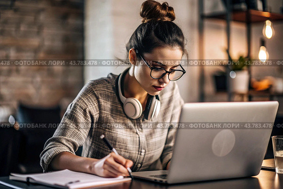 A young female freelance businessman in glasses and headphones is working on a laptop or shopping in an online store. The woman is writing something in a notebook. Стоковое AI-изображение, AI-художник Photojuli / Фотобанк Лори