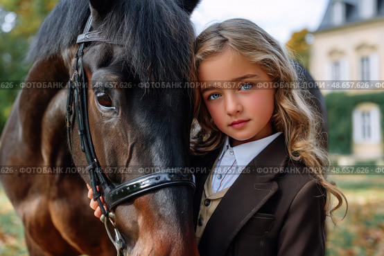 A young girl is standing next to a horse, wearing a brown jacket. Стоковое AI-изображение, AI-художник Ярославский Максим / Фотобанк Лори