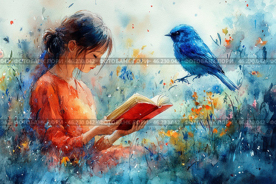 A young girl with dark hair pulled back into a messy bun. She sits among flowers and tall grass, engrossed in reading a book with a red cover. Next to her, as if enchanted by her reading, sits a beautiful blue bird, hovering in the air or perched on a branch. The atmosphere of the painting is permeated with a sense of coziness, magic and tranquility. The background is done in watercolor shades of blue and green, which creates a sense of dreaminess and lightness. Стоковое AI-изображение, AI-художник Анна Кривицкая / Фотобанк Лори