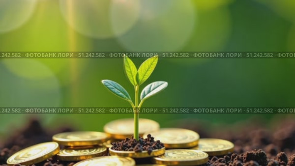 A young green sprout grows out of ground and gold coins close-up on a green background. Economics, finance, ecology, startup. AI generated. Стоковое AI-видео, аниматор Ольга Симонова / Фотобанк Лори