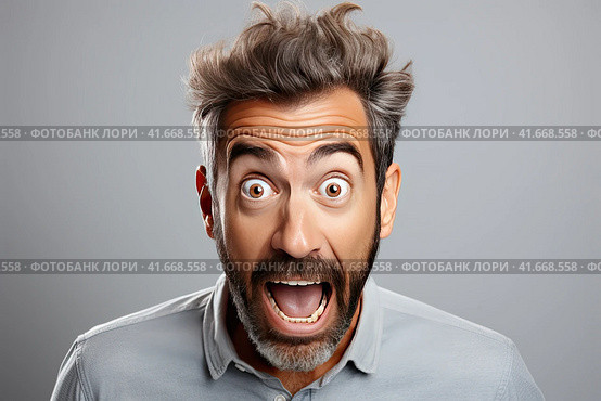 A young handsome man with a beard in a casual sweater on a gray background is afraid and shocked by surprise. Generated by AI. Стоковое AI-изображение, AI-художник Ярославский Максим / Фотобанк Лори