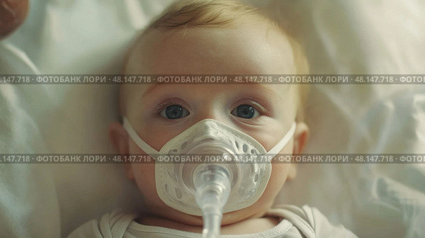 A young infant wearing an Oxygen Mask is resting in a Hospital Bed, receiving special care and treatment. Стоковое фото, фотограф Anastasy Yarmolovich / Фотобанк Лори
