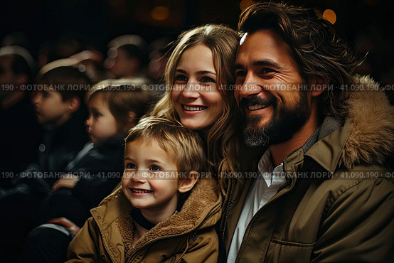 A young joyful couple is with their child in the cinema, watching an exciting movie. Стоковое AI-изображение, AI-художник Ирина Михайличенко / Фотобанк Лори