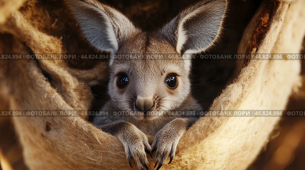 A young kangaroo peeks out from its cozy nest in the warm Australian sun, showcasing its adorable features and curious expression. Стоковое AI-изображение, AI-художник Сергей Толмачёв / Фотобанк Лори
