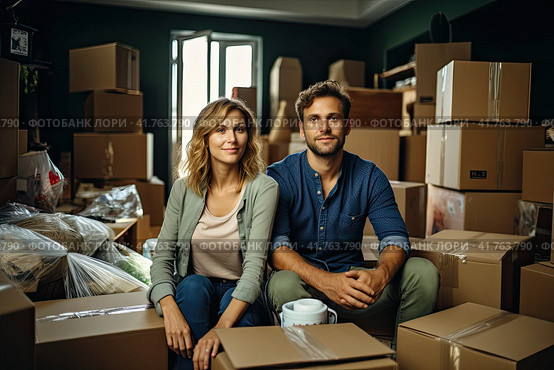 A young man and a girl are sorting cardboard boxes after moving to a new house. Generated by AI. Стоковое AI-изображение, AI-художник Ярославский Максим / Фотобанк Лори