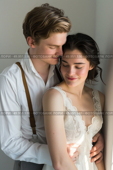 A young man and woman, dressed in vintage-inspired attire, share a close moment by a window bathed in gentle light. Стоковое AI-изображение, AI-художник Данила Большаков / Фотобанк Лори