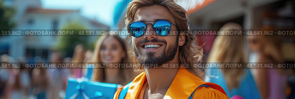 A young man wearing sunglasses enjoys his graduation day surrounded by friends, celebrating the accomplishment in a vibrant outdoor atmosphere. Стоковое AI-изображение, AI-художник Данила Большаков / Фотобанк Лори