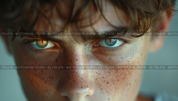 A Young Man's Stern Gaze: A Soul-Stirring Truth. Стоковое AI-изображение, AI-художник Юрий Поздников / Фотобанк Лори