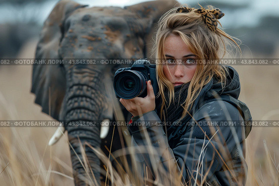 A Young Photographer Captures Wildlife Moments in a Grassland With an Elephant Nearby. Стоковое AI-изображение, AI-художник Сергей Толмачёв / Фотобанк Лори