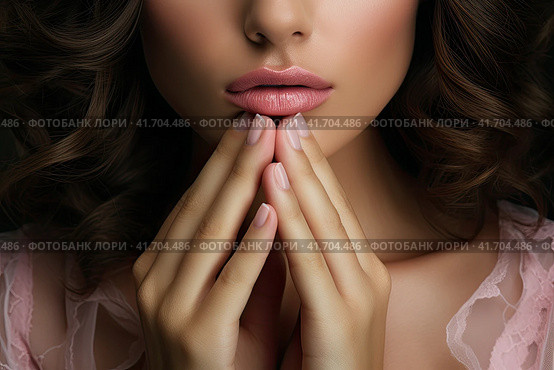 A young unrecognized beautiful girl put her hands to her face and smiles. Close-up. Generated by AI. Стоковое AI-изображение, AI-художник Ярославский Максим / Фотобанк Лори