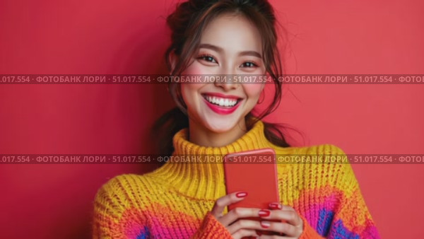 A young woman beams with joy while holding her smartphone, showcasing her vibrant personality against a bright orange backdrop. Стоковое AI-видео, аниматор Данила Большаков / Фотобанк Лори