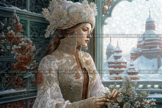 A young woman in traditional Russian attire standing at the window, behind which a winter landscape with snow-covered domes of churches and buildings is visible. The woman is dressed in an ornate white dress with gold and red patterns and a headdress with exquisite details. She is holding a bouquet of winter flowers in her hands. The interior is also decorated with flowers and greenery. The painting conveys an atmosphere of winter magic, rich culture and elegance. Стоковое AI-изображение, AI-художник Анна Кривицкая / Фотобанк Лори