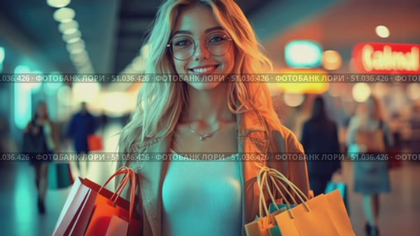 A young woman smiles brightly while holding several shopping bags in a lively mall filled with shoppers at dusk. Стоковое AI-видео, аниматор Данила Большаков / Фотобанк Лори