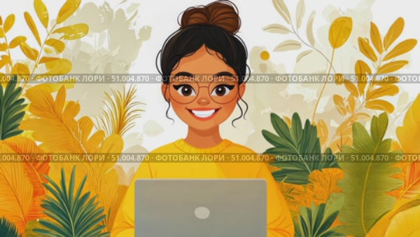 A young woman smiles while working on her laptop surrounded by lush greenery and warm autumn colors, showcasing a cozy study environment. Стоковое AI-видео, аниматор Данила Большаков / Фотобанк Лори