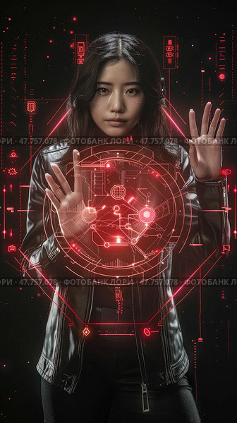 A young woman uses her hands to manipulate a dynamic holographic interface in a dark, technological setting, demonstrating advanced capabilities. Стоковое AI-изображение, AI-художник Данила Большаков / Фотобанк Лори