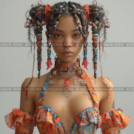A young woman with an unusual and bright appearance, which is combined with a futuristic and ethnic style. She has dark skin, expressive eyes and a unique hairstyle consisting of many small braids decorated with multi-colored ribbons and beads. She is dressed in a bright and extravagant suit that emphasizes her figure. She wears a massive necklace with pendants around her neck, and decorative elements in the form of dots and lines are visible on her face. The whole image combines elements of cyberpunk and ethnicity, creating a bright and memorable impression. Стоковое AI-изображение, AI-художник Анна Кривицкая / Фотобанк Лори