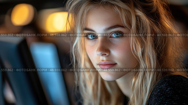 A young woman with beautiful blue eyes looks towards the viewer, illuminated by soft light from nearby screens in a darkened setting. Стоковое AI-изображение, AI-художник Данила Большаков / Фотобанк Лори