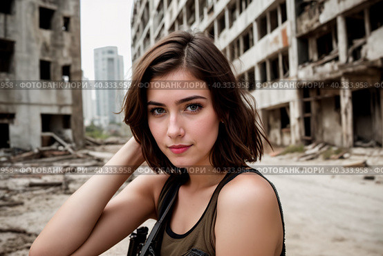 A young woman with dark brown hair in a khaki T-shirt against the background of city ruins. Generative AI. Стоковое AI-изображение, AI-художник Mixail59 / Фотобанк Лори