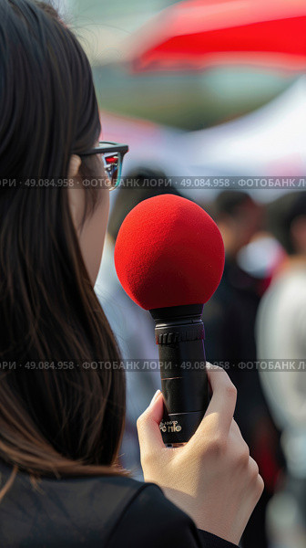 A young woman with dark hair holds a microphone with a red fuzzy cover. She is likely speaking into the microphone at an event outdoors. Стоковое AI-изображение, AI-художник Данила Большаков / Фотобанк Лори