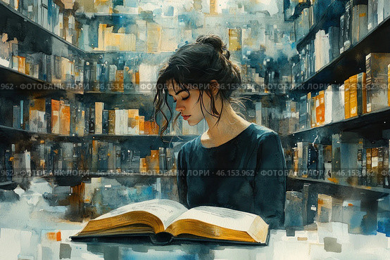 A young woman with dark, slightly disheveled hair, sitting at a table in a library. In front of her is an open book, the pages of which seem to glow with a soft golden light. Her gaze is lowered, her expression thoughtful and focused. Around her rise tall shelves filled with books, creating an atmosphere of silence and solitude. The illustration is done in a watercolor style with soft, washed-out shades of blue, gray and gold. Стоковое AI-изображение, AI-художник Анна Кривицкая / Фотобанк Лори