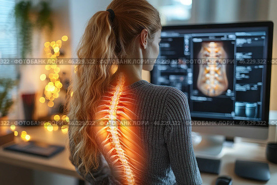 A young woman with long blonde hair pulled back into a ponytail sits at a computer wearing a dark sweater. She is working with medical images of a spine on the monitor screen. The visualization of the spine is superimposed on her back, creating the effect of an x-ray with an orange glow. The atmosphere in the room is cozy, with warm lighting and fairy lights in the background. The image symbolizes problems with posture, back pain, or work in the medical field. Стоковое AI-изображение, AI-художник Анна Кривицкая / Фотобанк Лори