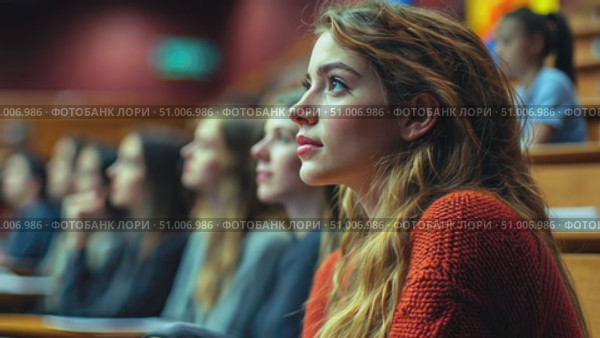 A young woman with long hair focuses intently while attending a lecture in a university auditorium filled with students. Стоковое AI-видео, аниматор Данила Большаков / Фотобанк Лори