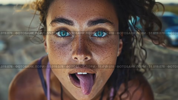 A young woman with stunning blue eyes and freckles expresses her playful side by sticking out her tongue as she relaxes outdoors. Стоковое AI-видео, аниматор Данила Большаков / Фотобанк Лори