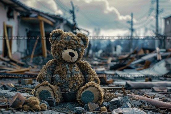 Abandoned teddy bear sitting amidst war torn city ruins symbolizing loss and devastation. Стоковое AI-изображение, AI-художник Иван Рябоконь / Фотобанк Лори