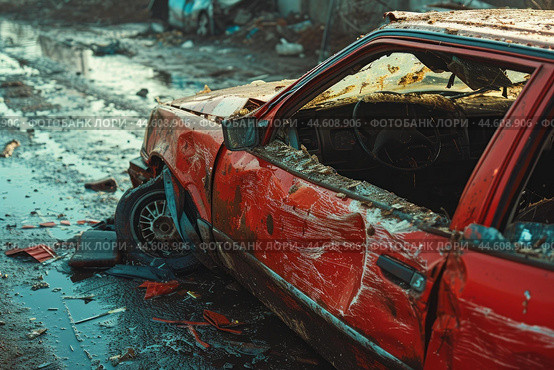 Abandoned wrecked car on a desolate street. Стоковое AI-изображение, AI-художник Иван Рябоконь / Фотобанк Лори