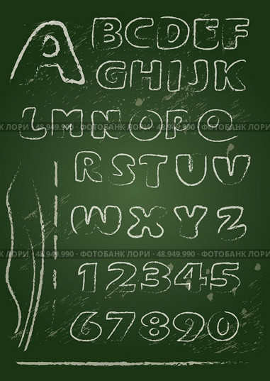 ABC - English alphabet written on a blackboard in white chalk - Handwritten grunge  letters and numerals. Стоковая иллюстрация, агентство Ingram Publishing / Фотобанк Лори