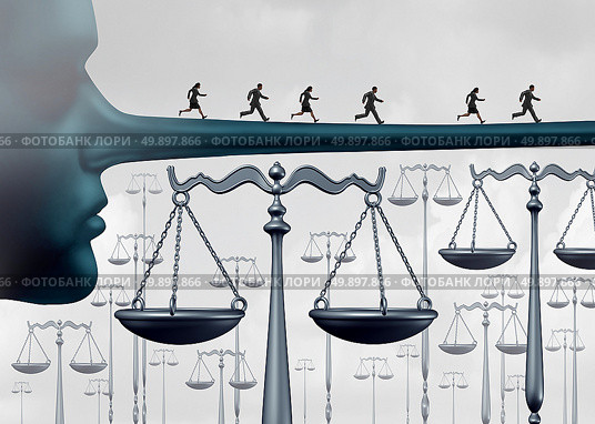 Above the law and unfair advantages concept or committing perjury symbol as a group of culprits escaping justice by running on a long liar nose over law scales as a rigged system metaphor for corruption and fraud or lack of integrity with 3D illustration elements. Стоковое фото, агентство Ingram Publishing / Фотобанк Лори
