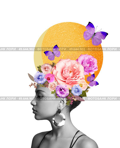 Abstract art collage of a young African woman with flowers on her head. Conceptual fashion art design in a modern style. Стоковое фото, агентство Ingram Publishing / Фотобанк Лори