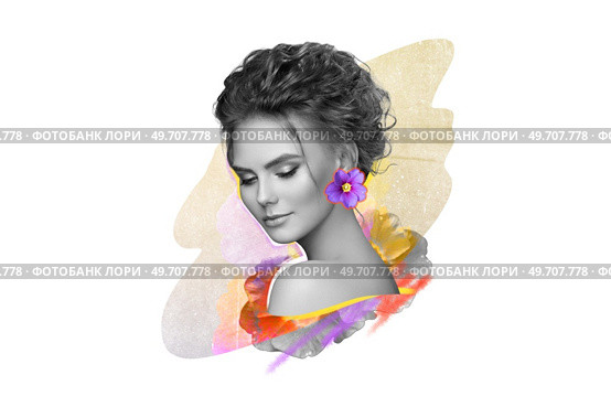 Abstract art collage of a young beautiful woman with flowers. Conceptual fashion art design in a modern style. Стоковое фото, агентство Ingram Publishing / Фотобанк Лори