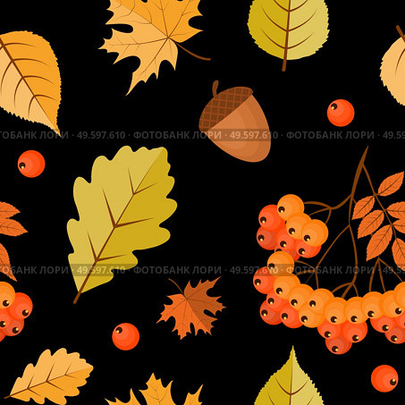 Abstract Autumn Seamless Pattern  Background with Falling Leaves, Rowan and Acorn. Vector Illustration EPS10. Abstract Autumn Seamless Pattern  Background with Falling Leaves, Rowan and Acorn. Vector Illustration. Стоковая иллюстрация, агентство Ingram Publishing / Фотобанк Лори