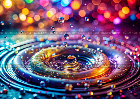 Abstract background. A bright colorful whirlpool of multicolored paints, splash, splash. Bubbles and drops of water. Стоковое AI-изображение, AI-художник Photojuli / Фотобанк Лори