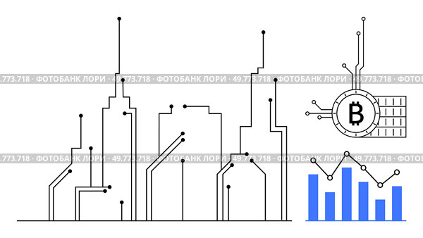 Abstract cityscape represented with circuit-like lines combined with Bitcoin symbol and a blue bar chart. Ideal for cryptocurrency significance technology data analysis finance urbanization digital. Tech Cityscape with Bitcoin and Bar Chart. Стоковая иллюстрация, агентство Ingram Publishing / Фотобанк Лори