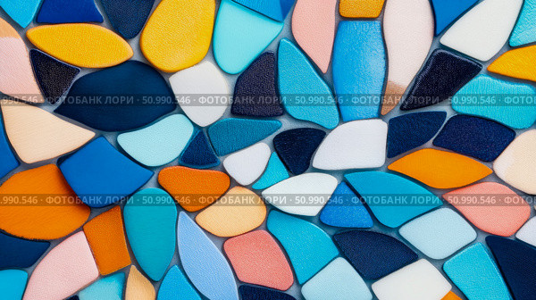 Abstract Colorful Stone Mosaic: A Textured Background of Irregular Shapes in Blues, Oranges, and Whites. Стоковое AI-изображение, AI-художник Данила Большаков / Фотобанк Лори