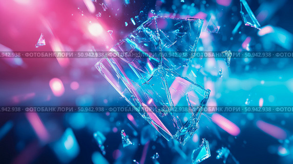 Abstract Concept: Shattered glass explosion with vibrant pink and cyan luminescence. Стоковое AI-изображение, AI-художник Данила Большаков / Фотобанк Лори