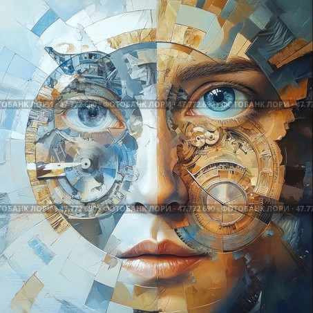 Abstract digital art depicting a human face divided into two halves: one is made in cold tones with mechanical elements, the other in warm tones, imitating the insides of a watch or a complex mechanism. The central element of the composition is the expressive blue eyes, in which dials and gears are built in, symbolizing the synthesis of man and technology, thinking and time. Ideal for topics related to artificial intelligence, futurism, technology, cyberpunk and neural networks. Стоковое AI-изображение, AI-художник Анна Кривицкая / Фотобанк Лори