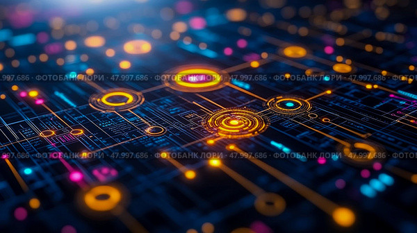 Abstract digital representation shows colorful network connections and nodes illuminated against a dark background, symbolizing technology and innovation. Стоковое AI-изображение, AI-художник Данила Большаков / Фотобанк Лори